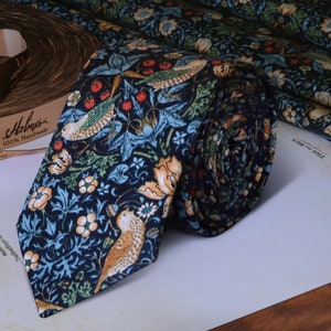Floral Tie MARINE Necktie David's Bridal Steel Blue Ties Flower Garden Birds Olive Paisley Floral Skinny tie Wedding Ties Special Order