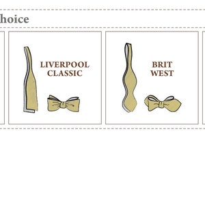 Puede incluir: Se muestran cuatro dise&ntilde;os diferentes de pajarita. Los dise&ntilde;os est&aacute;n etiquetados como "Brit Classic", "Liverpool Classic", "Brit West" y "Liverpool West".