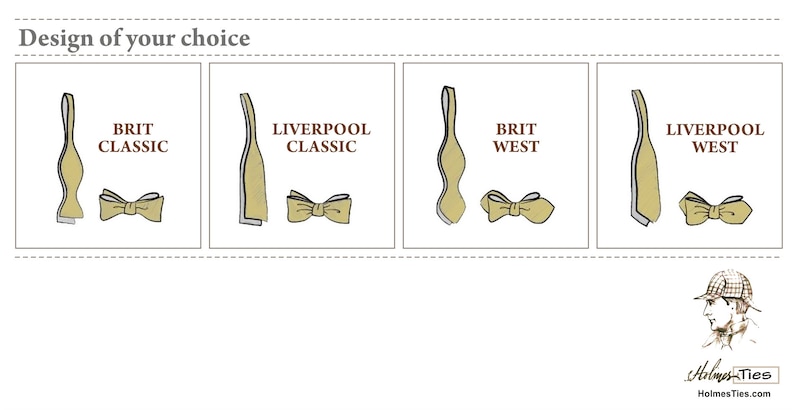 Puede incluir: Se muestran cuatro dise&ntilde;os diferentes de pajarita. Los dise&ntilde;os est&aacute;n etiquetados como "Brit Classic", "Liverpool Classic", "Brit West" y "Liverpool West".