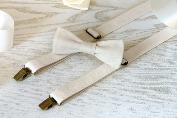 champagne colored bow tie and suspenders