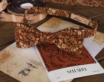 Bow Tie Cinnamon Floral Bow-Tie Wedding WildFlowers Cotton  Wedding MAROON Custom BowTie Necktie Suspenders Pocket square Special Order