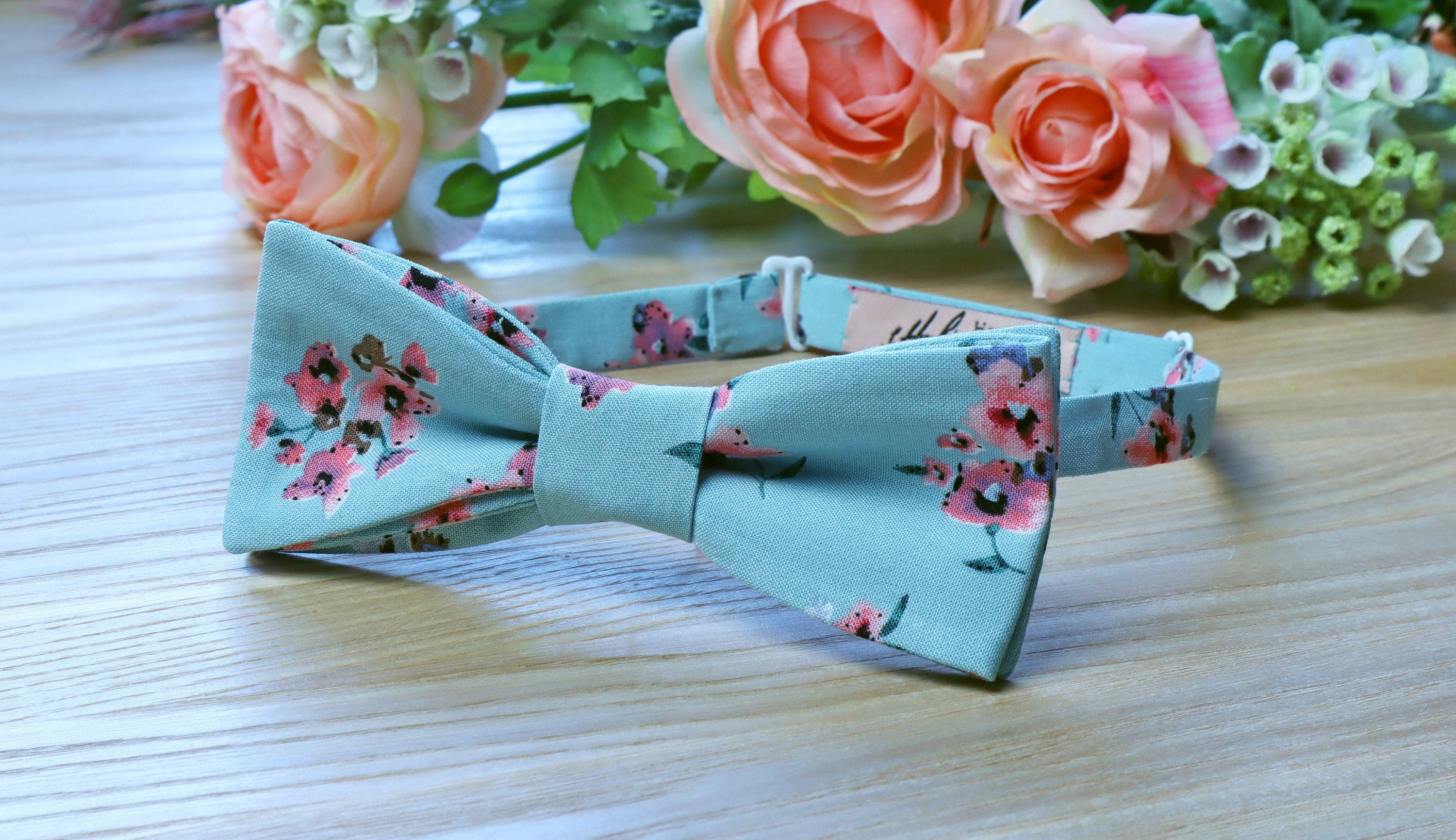 Bow Tie EUCALYPTUS BLUE Floral Bowtie Pale Mint Floral CORAL