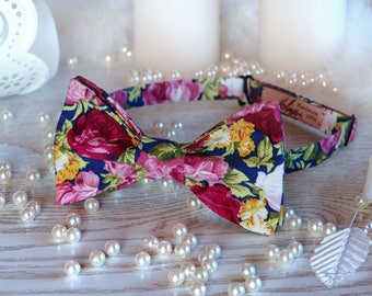 Bow Tie Floral Dark Blue  Bow-Tie Cotton Rose Pink Floral   Wedding Floral  BowTie SALE
