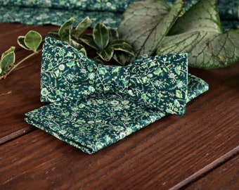 Bow Tie and Pocket square Set Emerald Green Floral Wedding Green Matching Bow-Tie & Pocket Square Set Hanky Men's handkerchief Special Order