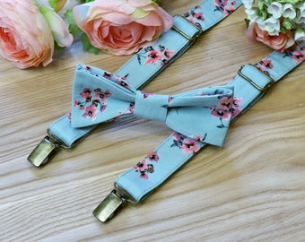 SUSPENDER and BOWTIE SET Floral Eucalyptus Blue Coral Floral Wedding Pale mint  Suspenders Men's Suspenders Peach Groomsmen  Special Order