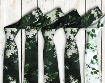 Mens Floral Ties Set 5 Pieces: Grooms Set 4 Emerald Green Floral Ties + 1 White Floral Tie Wedding Necktie for Men  Groomsmen Neckties
