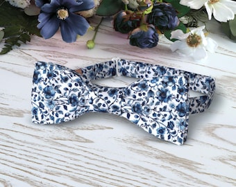 Bow Tie Slate Blue Floral - Blue Chinoiserie Floral Wedding Bow-Tie, Dark blue Grooms BowTie, Dusty Blue Chinese Floral BowTie Pre-Tied