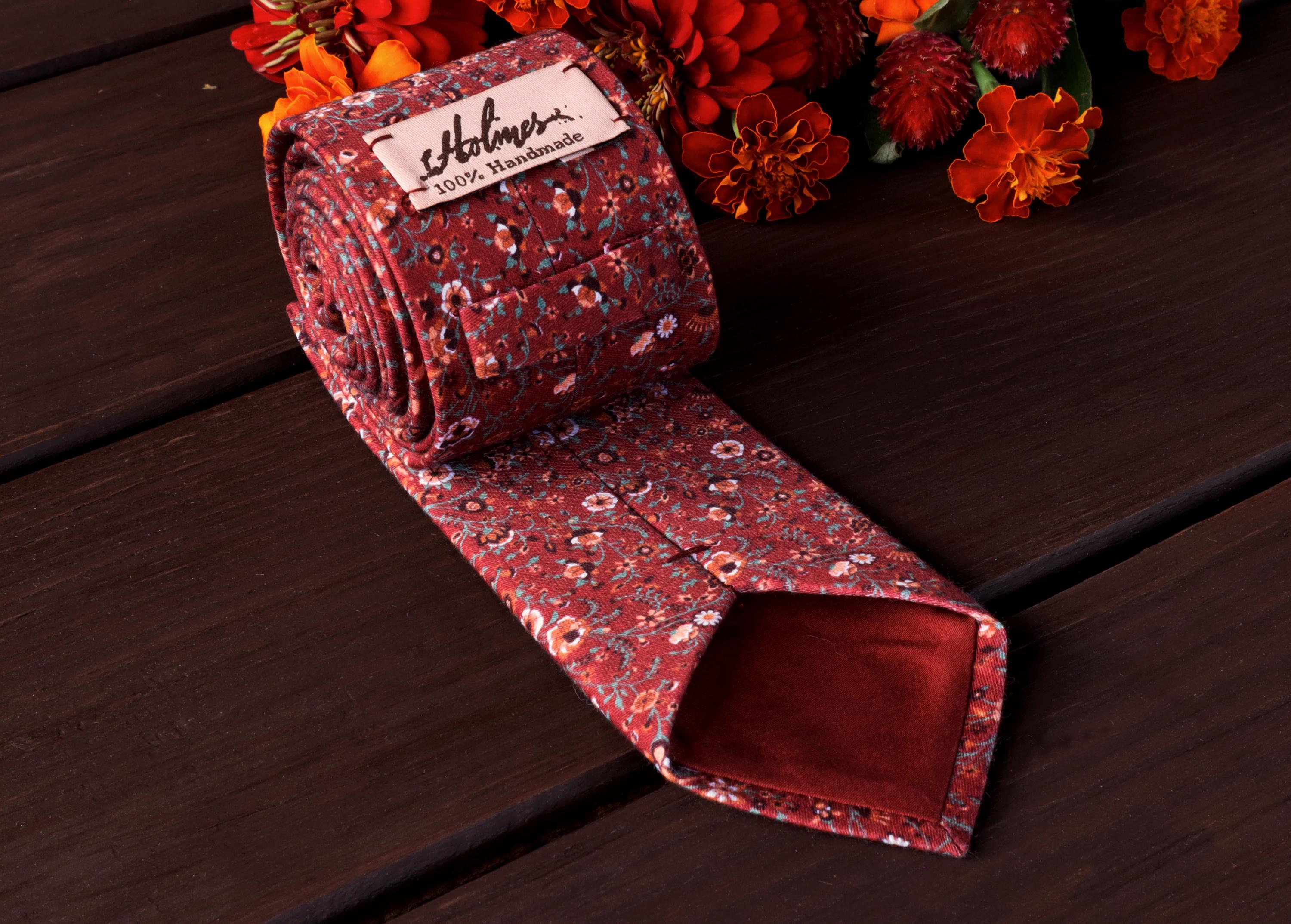 Floral MAROON Tie Wedding Terracotta Wildflowers Fall Autumn  Men’s Vermilion Red Autumn Floral Necktie, 2.75” Width Rustic Wedding Party Tie main image 1