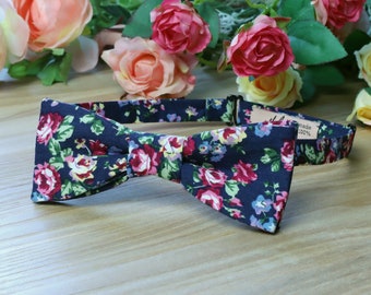Bow Tie Navy Blue Floral BowTie Pink Floral Hot pink  Flowers  Wedding Bow Tie Special Order