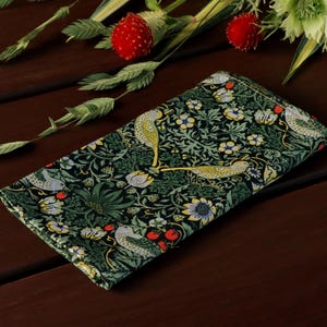 Liberty Pocket Square - Dark Green Strawberry Thief Bird Wedding Handkerchief, Floral Matching Hanky, Sage Flower Garden Birds Special Order