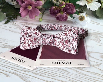 Bow Tie CHIANTI Floral White Bow-Tie Wedding WildFlowers Cabernet Cotton Maroon Floral WINE David's Bridal Grooms BowTie  Special Order