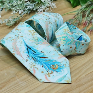 Peacock Tie Mint Teal Men's Necktie Peacock feathers skinny tie Wedding Ties Necktie for SALE image 4