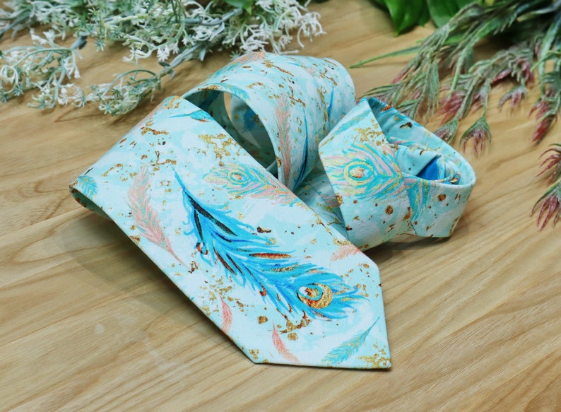 Peacock Tie Mint Teal Men's Necktie Peacock feathers skinny tie Wedding Ties Necktie for SALE image 4