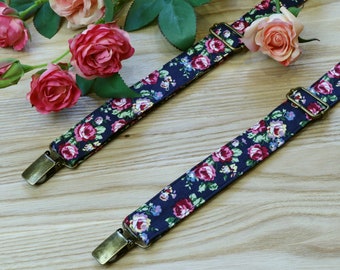 Suspenders Floral Navy Floral Braces Hot pink Wedding Suspenders Navy Blue Men's Suspenders Special Order