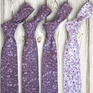 Mens Floral Ties Set 4 Pieces: Grooms Set 3 LILAC Floral Ties + 1 White LAVENDER Floral Tie Wedding Necktie for Men  Groomsmen Neckties