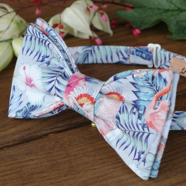 Bow Tie Hawaii Floral CORAL Reef David's Bridal  Bow-Tie light gray Cotton Tropical wedding Hawaiian wedding  Wedding BowTie Special Order