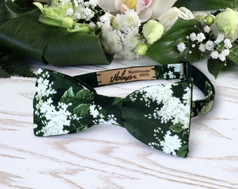 Bow Tie Floral Emerald Green Floral  Bow-Tie Flower Baby’s breath Floral Bowtie Self-Tie Pre-Tied Wedding Dark Green BowTie SpecialOrder