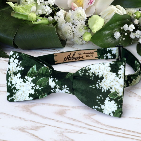 Bow Tie Floral Emerald Green Floral  Bow-Tie Flower Baby’s breath Floral Bowtie Self-Tie Pre-Tied Wedding Dark Green BowTie SpecialOrder