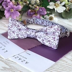 Bow Tie LAVENDER Floral White Bow-Tie Wedding WildFlowers Purple Cotton Floral WISTERIA David&#39;s Bridal Grooms BowTie  Special Order