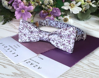 Bow Tie LAVENDER Floral White Bow-Tie Wedding WildFlowers Purple Cotton Floral WISTERIA David's Bridal Grooms BowTie  Special Order