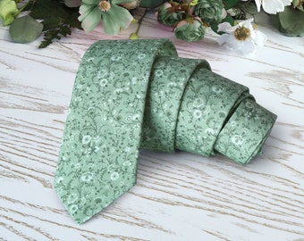 Floral Green Tie MEADOW Wedding Sage Green WildFlowers Necktie David's Bridal Floral Pale Green Skinny tie Wedding Ties Delicate Blooms  Tie