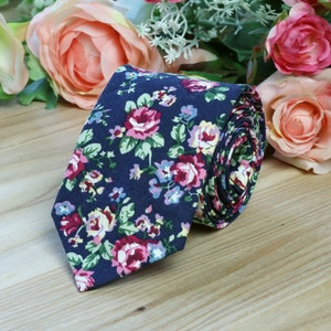 Navy Floral Tie  Navy Blue Men's skinny tie  Floral Wedding Ties Necktie for Men Special Order