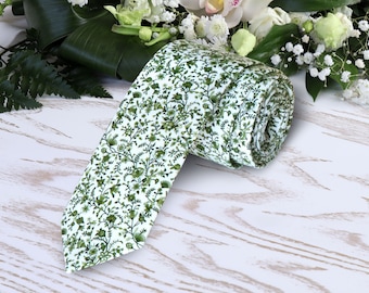 Green Floral Tie White Wedding Moss WildFlowers Necktie Fern Floral Skinny tie Wedding Ties Forest Delicate Blooms Necktie Special Order