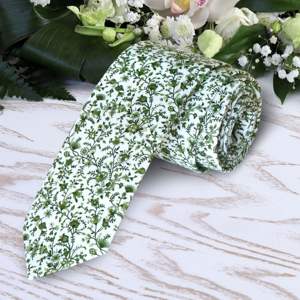 Green Floral Tie White Wedding Moss WildFlowers Necktie Fern Floral Skinny tie Wedding Ties Forest Delicate Blooms Necktie Special Order