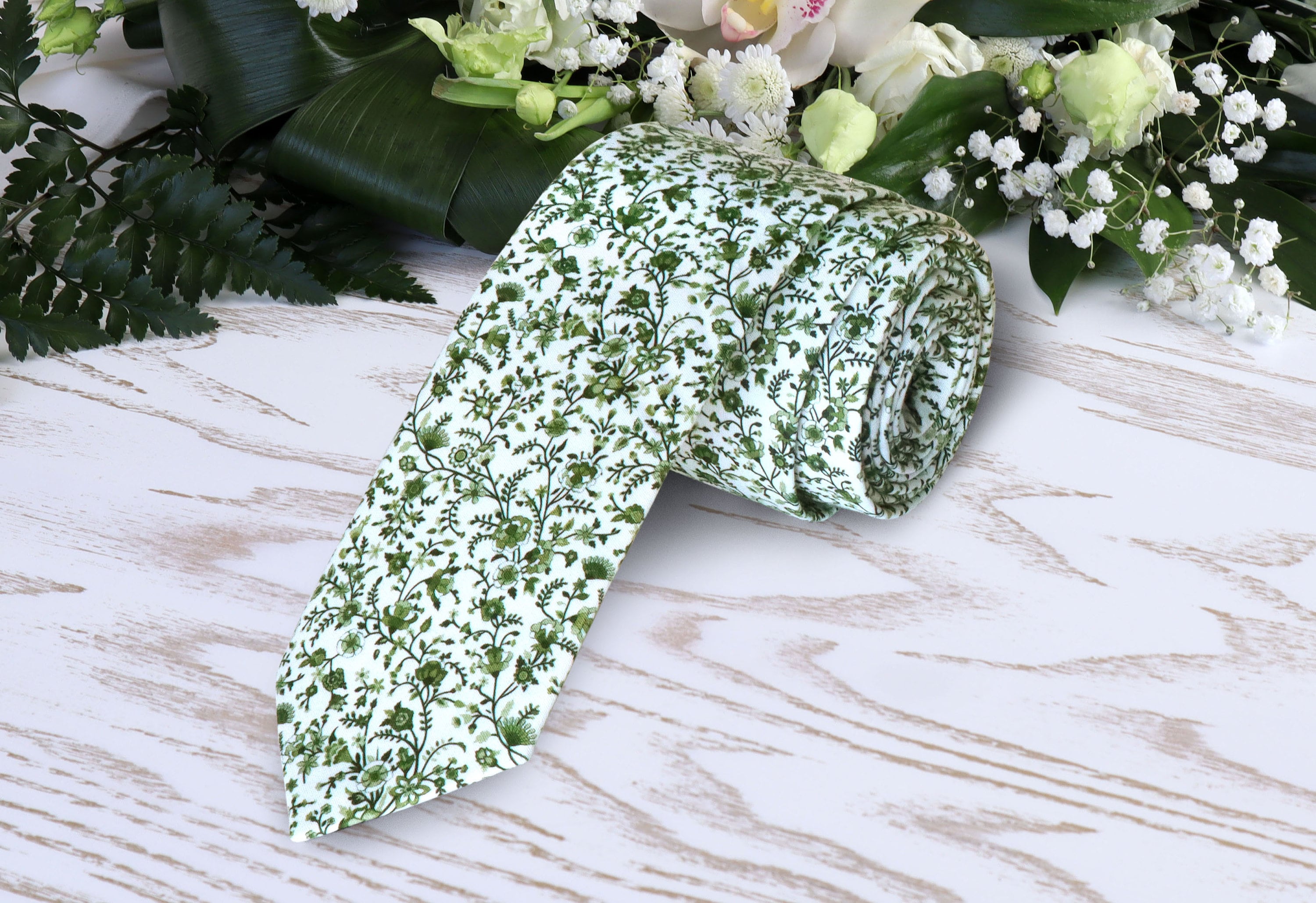 Green Floral Tie White Wedding Moss Wildflowers Necktie Fern