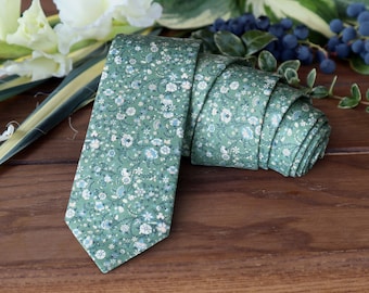 Floral Green Tie Wedding Light Blue WildFlowers Necktie DUSTY SAGE Floral Skinny tie Wedding Ties Pink Delicate Blooms Necktie Special Order