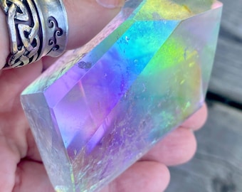 Stunning Light-Filled Rainbow Flash Polished Angel Aura Quartz Freeform