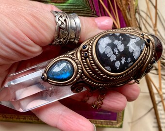 Mercury in Taurus - Beautiful Polished Snowflake Obsidian, Blue Fire Flash Labradorite, Ice Clear Quartz & Smokey Quartz Sphere