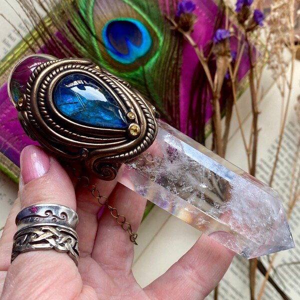 Princess of Pentacles - Stunning Blue Fire Flash Labradorite with Golden Rutilated Quartz Overlay, Ice Clear Quartz & Clear Quartz Sphere