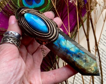 The Psychic Dream - Blue Fire Flash Labradorite, Cobalt and Gold Flash Labradorite Wand & Rainbow Included Smokey Quartz Sphere