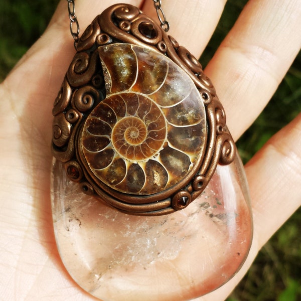 Ancient Journey - Ammonite Fossil & Madagascar Smoky Quartz Crystal Energy Pendant - Grounding, Powerful Meditation and Shamanic Journeying