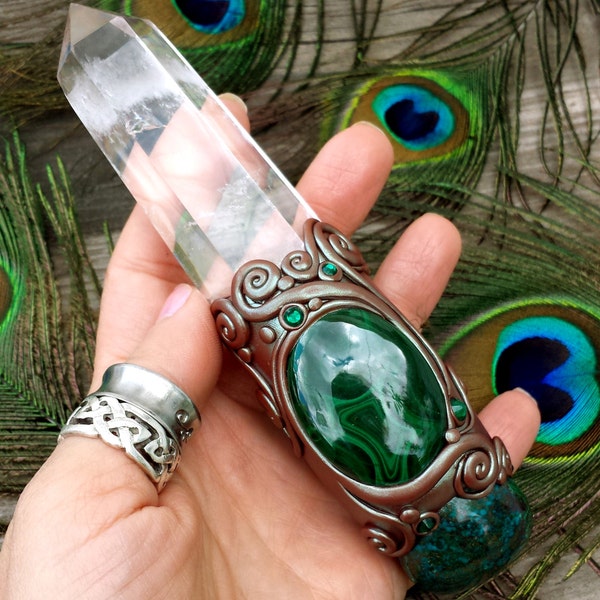 Siobhan - Luna Blue Boutique's Custom Crystal Energy Wand - Clear Quartz, Malachite and Chrysocolla - Enhanced Dream Recall