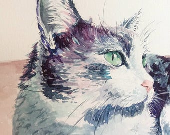Cat portrait/Watercolor painting/Cat lover gift/Kitty/Cat memorial/Kitty Birthday/Gotcha Day/Custom Pet Portrait/Custom Art/Free Shipping