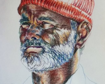 Celebrity Portrait. Bill Murray in the Life Aquatic. Colored pencil. Custom drawing. Old man and the sea