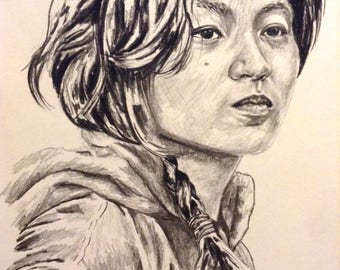 Charcoal portrait. Pencil Drawing.Hunger Games Style Portrait. Custom Portrait. Drawing. Stoic Woman.