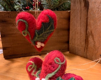 Needle Felted Wool Heart Ornament with Holly Decoration