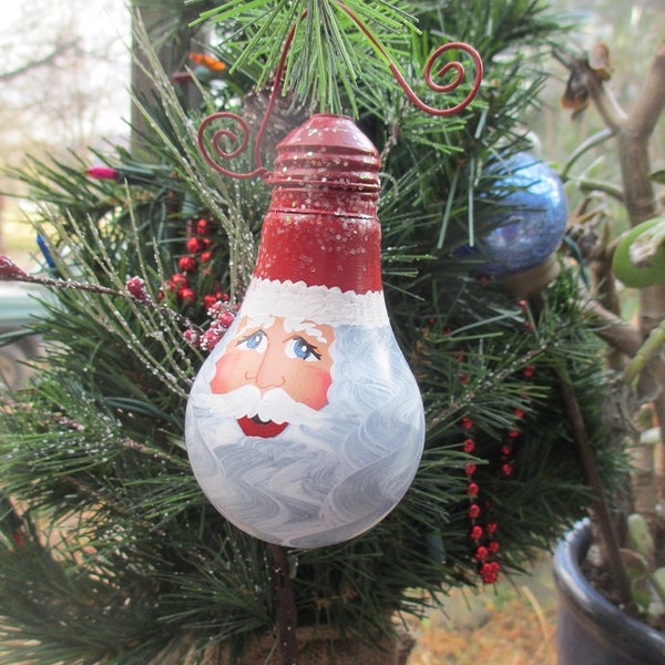 Hand Painted Santa Ornament - Upcycled Light Bulb