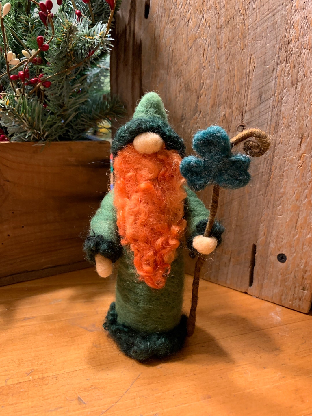 Needle Felted Wool Irish Gnome or Leprechaun With Shamrock Etsy