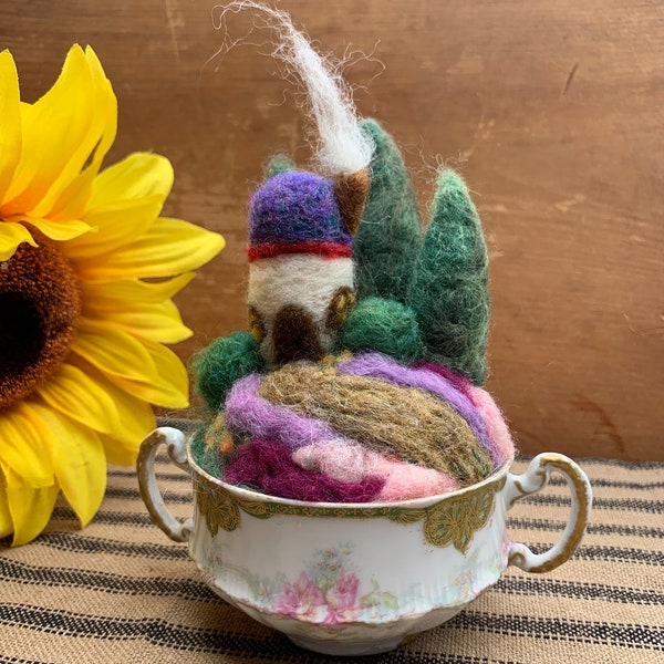 Needle Felted Fairy House or Gnome Home in Limoges Handled Soup Cup