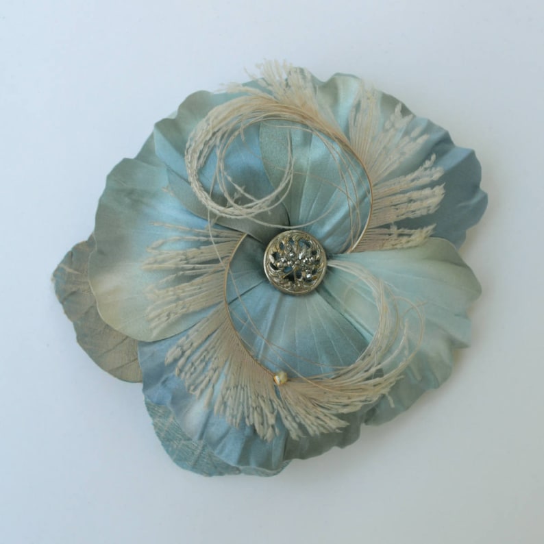 Blue /& Beige Silk Flower Hair and Dress Accessory