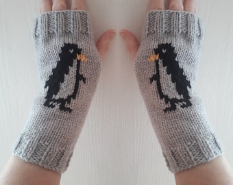 Wrist warmers - penguins - grey - beige - fingerless gloves