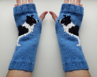Border collie dog (black and white) wrist warmers fingerless gloves