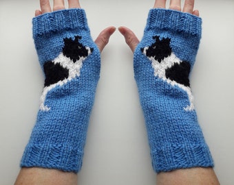 Border collie dog 9" wrist warmers fingerless gloves