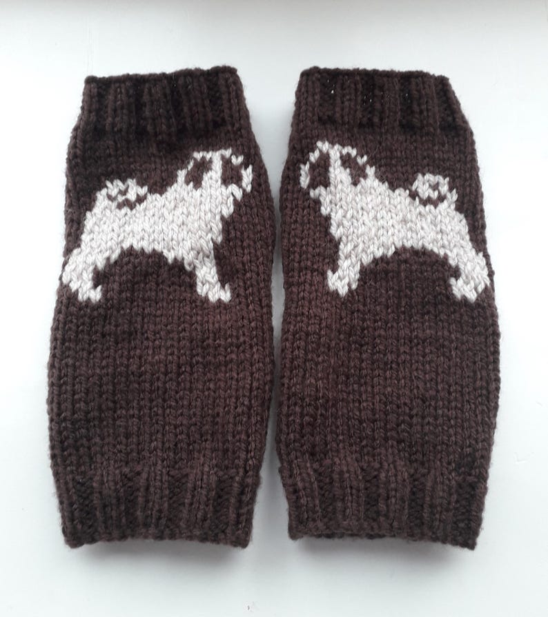 May include: A pair of brown knitted leg warmers with a white pug design.