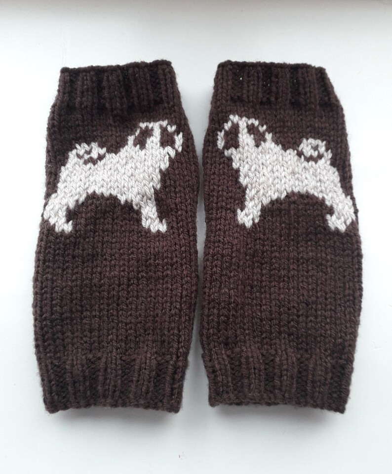 May include: A pair of brown knitted leg warmers with white pug dog designs.