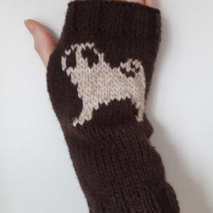 May include: Brown knitted fingerless gloves with a beige pug design.